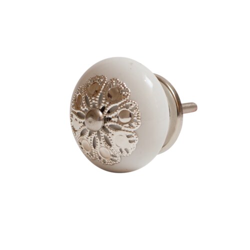 Möbelknopf edel Weiß Keramik Silber filigrane Zierkrone 40mm Möbelknauf