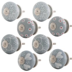 8 Stück Grau Möbelknäufe Keramik Mölbelknöpfe mit Blümchen Blume Punkte Ornament handbemalt