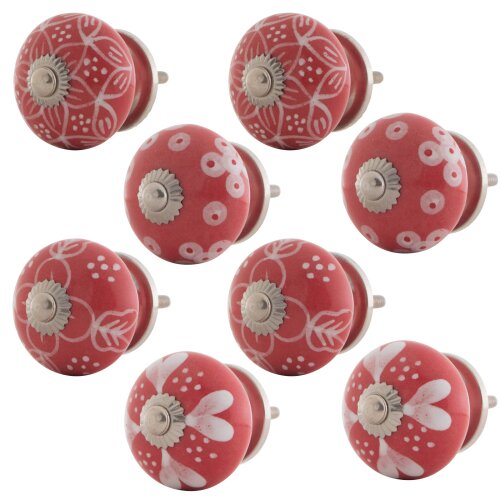 8 Möbelknäufe rot Blumen Sterne Ornamente Punkte Keramik Shabby handbemalt