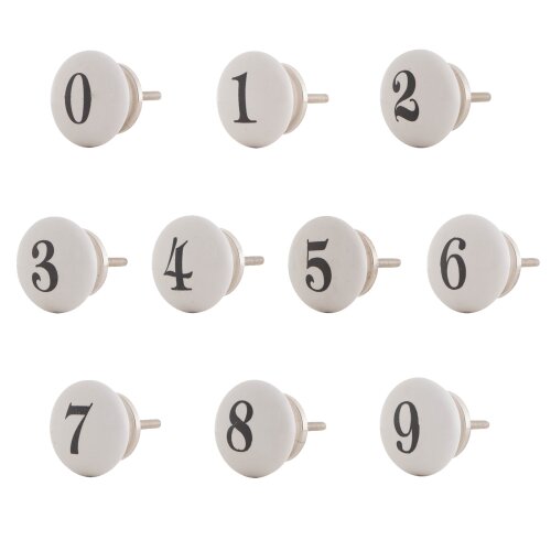 Set Möbelknöpfe Keramik 10 Stück Weiß Zahlen Nummer 0-9 Vintage