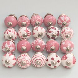 Set Möbelknöpfe Keramik rosa weiss pink 20 Stück Mix handbemalt Silber