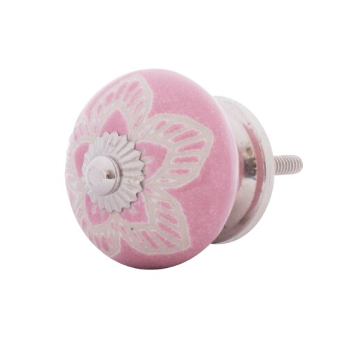 Möbelknopf Keramik Rosa Weiß Pink geprägt Blume Ornament Silber 40mm