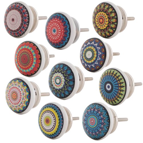 10 Stück bedruckte Möbelknöpfe aus Keramik mit Mandala Mustern