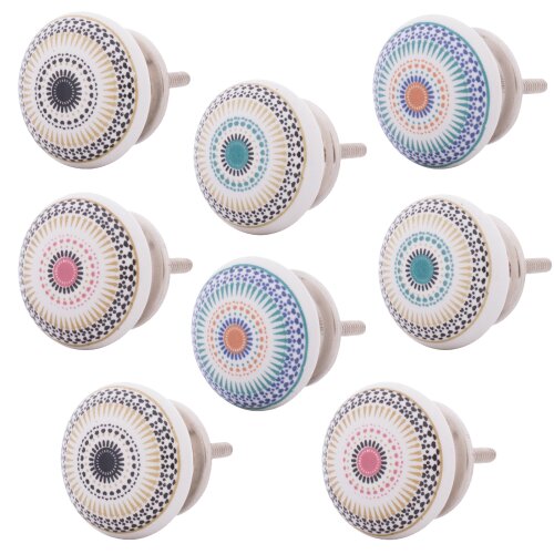Set 8 Stück Keramik  Möbelknopf mit Mandala Muster bedruckt Möbelgriffe Knöpfe für Schränke, Kommoden und Türen