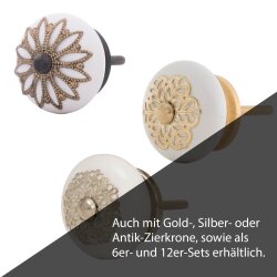 Set 6 Stück Möbelknopf edel Weiß Keramik Gold  filigrane Krone Knauf